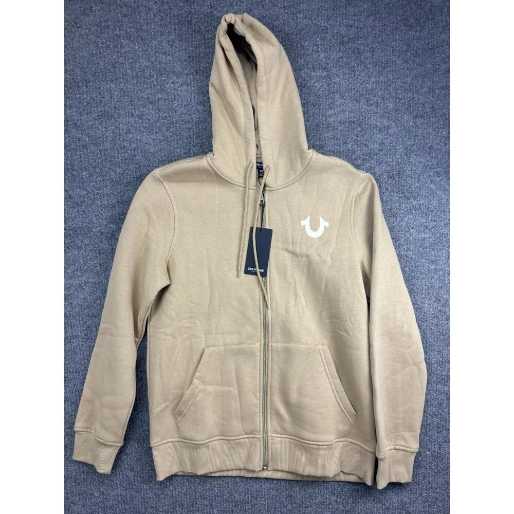 True Religion Hoodie Mens Large‎ Beige Full Zip Fleece Sweatshirt Logo Back
